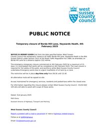 Temporary closure of Borde Hill Lane, Haywards	Heath, 4th February 2025