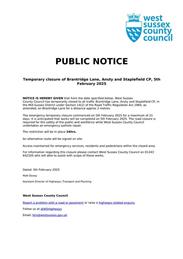 Temporary Closure of Brantridge Lane, 5th Feb 2025